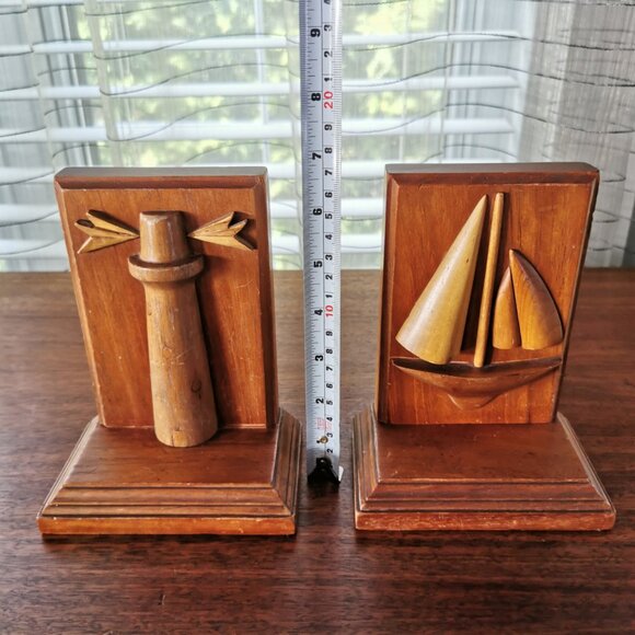 Hand Carved Wooden Nautical Bookends, VTG Wood Intarsia Sailboat and Lighthouse - Picture 10 of 12